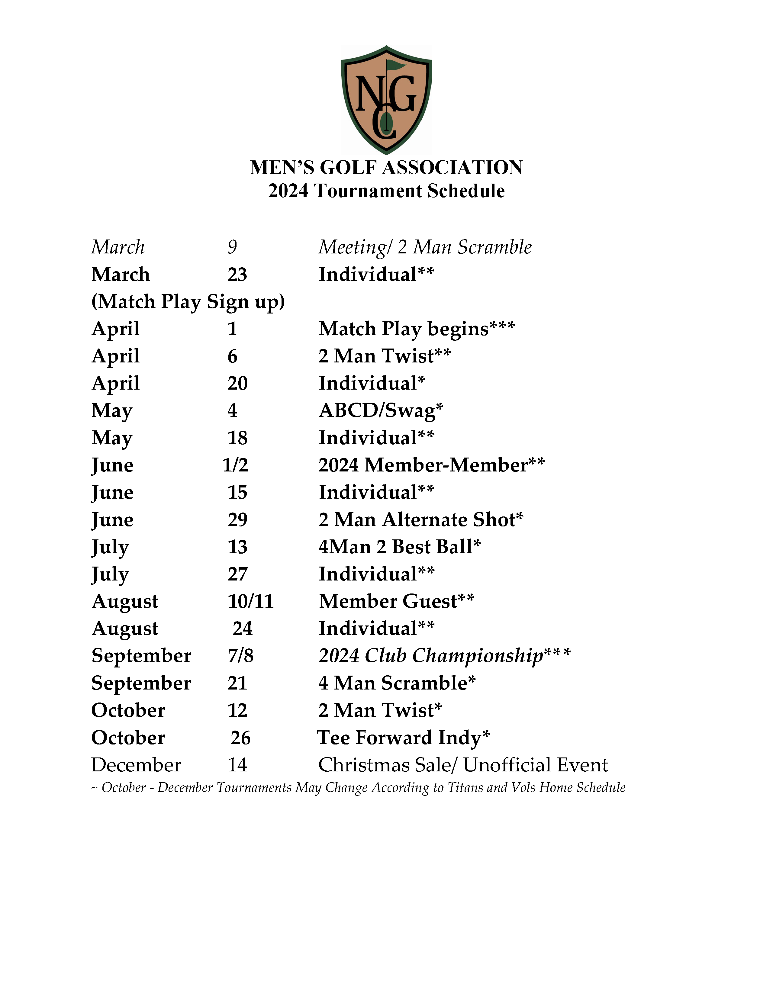 2024 MGA Schedule Nashboro Golf Club